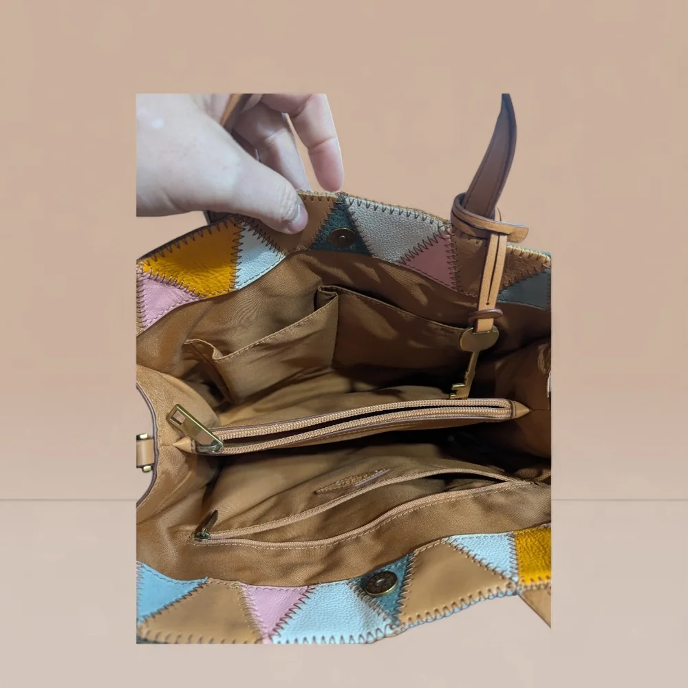 👜 Fossil Patchwork Leather Tote Satchel Crossbody - Picture 10 of 13